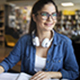Empezar estudios superiores - Chica universitaria con gafas y cascos de música estudiando en la biblioteca Empezar estudios superiores - Chica universitaria con gafas y cascos de música estudiando en la biblioteca